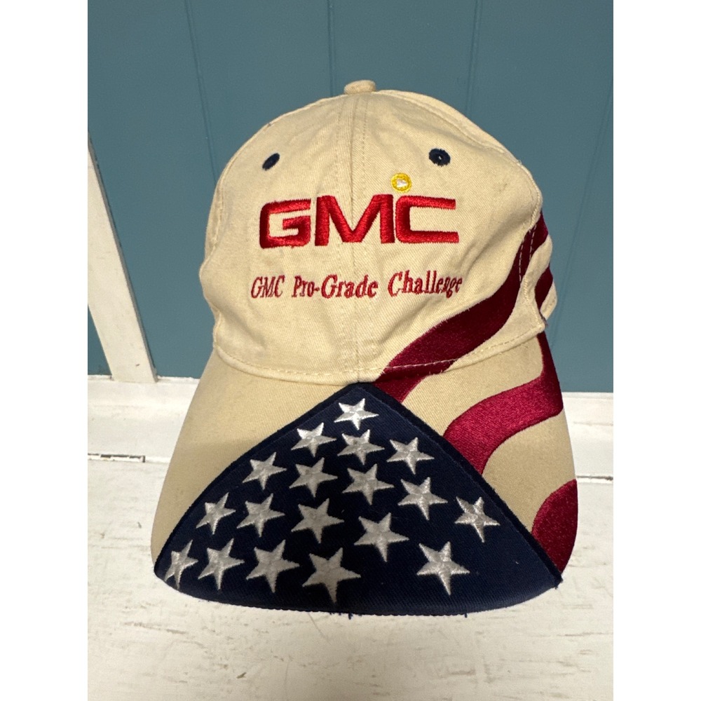 Vtg GMC Pro-Grade Challenge Hat Tan American Flag Patriotic Cotton Baseball‎ Cap